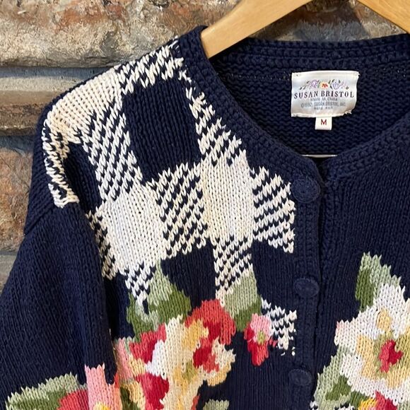 Vintage Susan Bristol Hand Knit Floral Ramie Cotton Cardigan - Picture 2 of 7